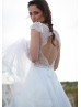 Ivory Lace Chiffon Keyhole Back Cap Sleeves Beach Wedding Dress 